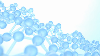 Abstract blue background in empty space. Technology network node concept. Chaotic atoms, DNA or molecule. 