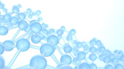 Abstract blue background in empty space. Technology network node concept. Chaotic atoms, DNA or molecule. 