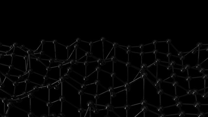 Abstract minimal balck background in empty space. Technology network node concept. Black chaotic atoms, DNA or molecule.