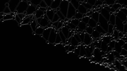 Abstract minimal balck background in empty space. Technology network node concept. Black chaotic atoms, DNA or molecule.