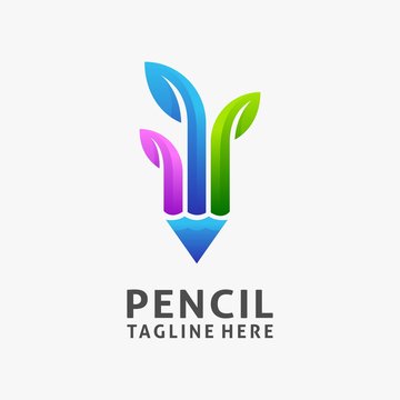 Colorful pencil logo design with leaf element