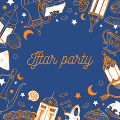 Iftar party. Rectangular frame design template with traditional Ramadan objects. Hand drawn vector sketch illustration. Title Break of fast party in Arabic