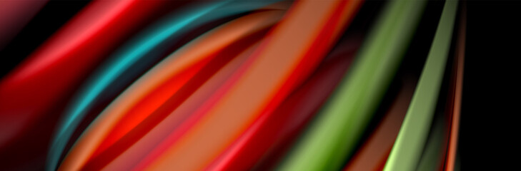 Silk and smooth flow wave poster design. Color waves, liquid style lines and shapes in black color background