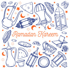 Set of traditional Ramadan objects and Iftar food. Decorative lamps, utensils and plates. Title Generous Ramadan in Arabic. Hand drawn outline vector sketch illustration