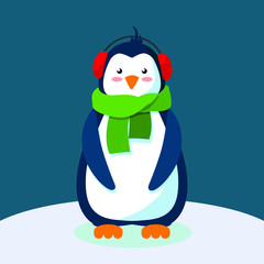Blue cartoon pinglin in red headphones and a green scarf on a dark blue background stands on ice vector