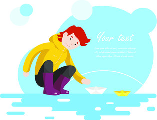 a cartoon boy with red hair in a yellow raincoat in rubber boots launches a paper boat in a stream vector
