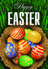 Realistic Happy Easter greeting card, flyer, poster or banner vector template with multicolored 3D eggs in round wicker basket with hay on green grass background