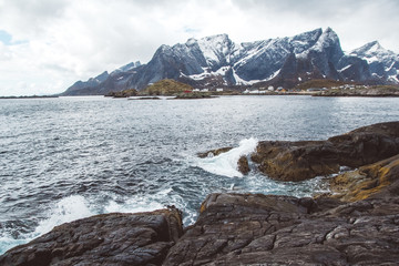 Norway mountains and landscapes on the islands Lofoten. Natural scandinavian landscape. Place for text or advertising