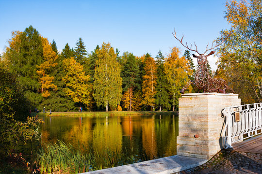 Autumn park, Slavyanka river and Deer`s bridge in sunny day. Pavlovsk. St. Petersburg. Russia
