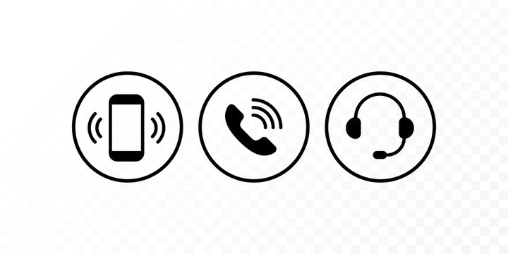 Communication concept. Vector flat outline icon set illustration. Black and white on transparent background. Smart phone, handset and headset sign in cirlce. Design element for customer sevice and web