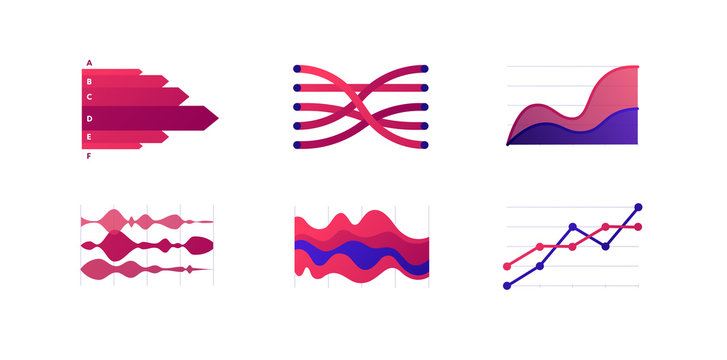 Infographic design element collection. Vector flat color illustration set. Dotted line, stacked area chart on white. Alluvial sankey diagram. Design for ui, science poster, marketing, presentation