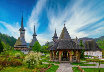 Traditional Maramures wooden architecture of Barsana monastery, Romania - obrazy, fototapety, plakaty