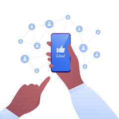 Smart phone use concept. Vector flat illustration. Human hand holding cellphone. Social media network like thumb up sign on screen on white. Design element for banner, poster, ui, web, presentation.