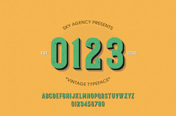 Vintage style font and alphabet for different designs. 0123 typeface