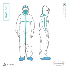 Doctor, nurse, a man in a full body protective suit. Personal protective equipment against viruses and pesticides. 2019 Novel Coronavirus. 2019-nCoV. Covid-19.