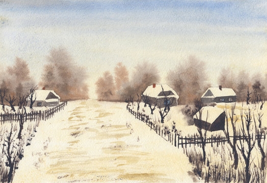 Watercolor sketch painting with abstract calm winter countryside landscape. Serene peaceful illustration with wooden village houses, fences & bare trees. Tranquil rural scenery in light warm colors. 