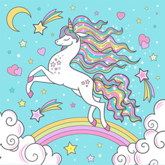 Obraz premium White unicorn on a rainbow. Children's illustration. Vector.