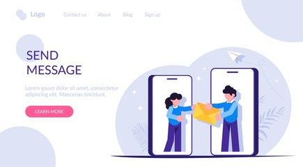 Sending messages is a concept. People are handing the envelope out of hand. Social media. Modern flat vector illustration.