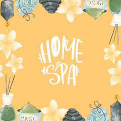 Square postcard phrase lettering home spa texture digital art on a yellow background. Print for textiles, banners, posters, web, wrapping paper, stationery, beauty industry and salons, posts.