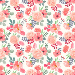 Seamless watercolor pattern with pink roses and anemones, handmade flowers and leaves. Vector illustration, isolated.