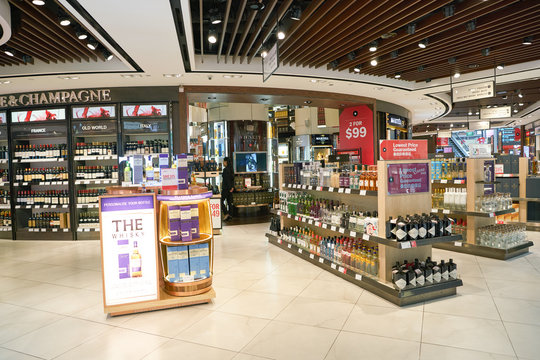SINGAPORE - CIRCA APRIL, 2019: interior shot of DFS Wine & Spirits shop at Singapore Changi Airport.