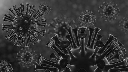 Black and white Coronavirus picture covid-19, 2019-ncov dangerous flu / virus outbreak. World in quarantine