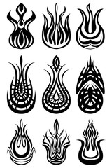 Set of nine abstract images of fire. Images for various purposes. Tattoo, logos and more.