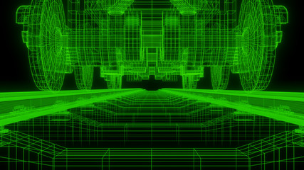 Train and Rail Wireframe with gorgeous bloom effect, all green color with black background, Highly detailed train in and out. Best for background and other uses.