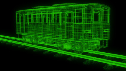 Train and Rail Wireframe with gorgeous bloom effect, all green color with black background, Highly detailed train in and out. Best for background and other uses.