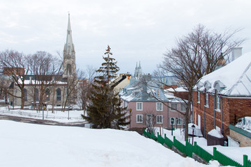 View of patrimonial houses and the neo-Gothic 1853 Chalmers-Wesley United Church seen from St. Denis Avenue, Quebec City, Quebec, Canada