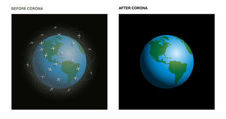 Airplanes worldwide before and after coronavirus pandemia. Dirty and clean planet earth with polluted atmosphere in comparison. Vector illustration.