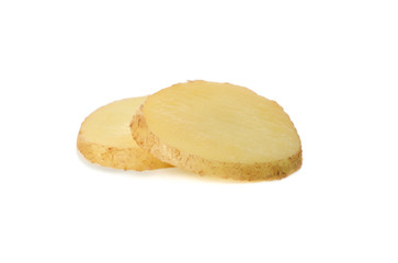 Young potato slices isolated on white background
