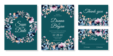 Fototapeta na wymiar wedding invitation template with floral watercolor green background