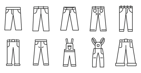 Jeans icons set. Outline set of jeans vector icons for web design isolated on white background