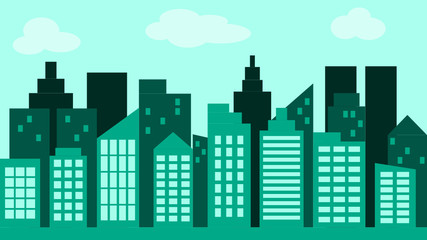 parallax cityscape background, silhouette building with blue sky