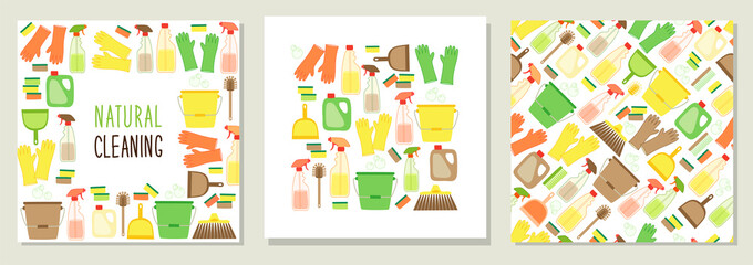 Cute set of eco zero waste cleaning utensils backgrounds in natural colors