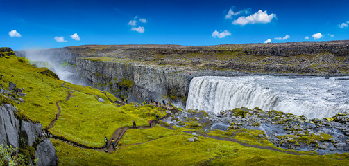 Panoramic view over biggest and most powerful waterfall in Europe called Dettifoss in Iceland, near...
