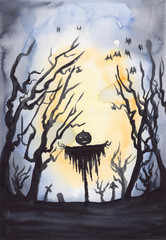 Watercolor hand drawing of dark night landscape. Spooky Halloween art. Bare dead trees silhouettes, cemetery, scarecrow & bats on yellow to gray sky. Mysterious background painting concept design.