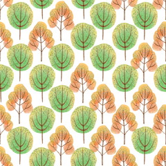 Watercolor autumn yellow and green trees seamless pattern on white