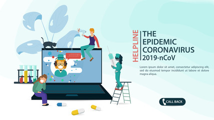 banner design little people take advice from a doctor specialist on the Internet online in the coronavirus epidemic COVID-2019 flat vector illustration