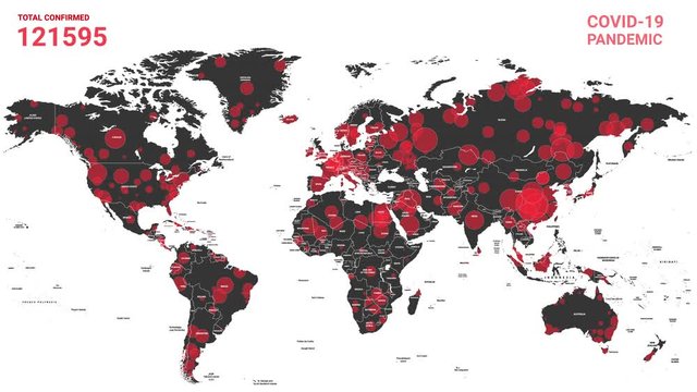 Animation of Map of Coronavirus spreading from Wuhan, COVID-19 Pandemic. World`s Statistics of infected People, Coronavirus COVID-19 novel. Цorld map with animation of spread of infection Coronavirus.