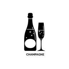 Illustration with silhouette bottle and glass shampagne. Isolated object. Bubble beverage label. White background. Design concept party, celebration. Modern sign