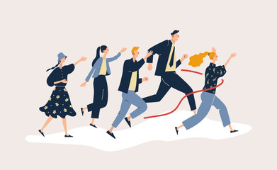 Fototapeta na wymiar Office workers or clerks crossing finish line and tearing red ribbon. Concept of people taking part in professional competition, rivalry at work. Modern flat cartoon vector illustration.