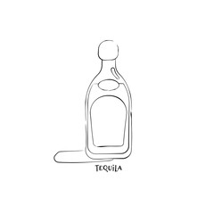 Bottle tequila in hand drawn style. Restaurant illustration for celebration design. Retro sketch. Line art. Design element. Beverage outline icon. Isolated on white background in graphic style