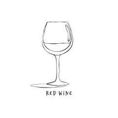 Wineglass red wine. Drink element. Black white. Retro glass wine hand draw, design for any purposes. Restaurant illustration. Simple sketch. Isolated on white background in engraving style