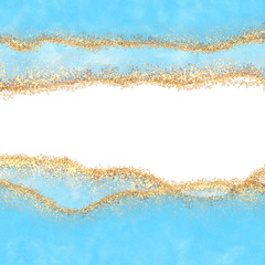 Blue watercolor texture with gold. Abstract background