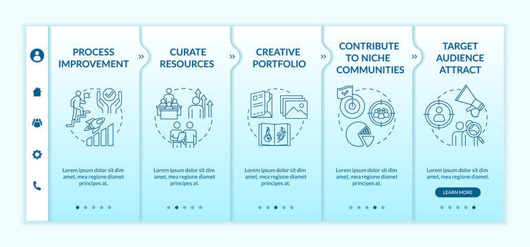 Project development onboarding vector template. Process improvement. Curate resources. Creative portfolio. Responsive mobile website with icons. Webpage walkthrough step screens. RGB color concept