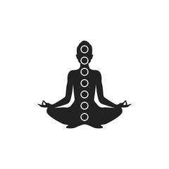 Man figure with symbols of chakras meditation concept, yoga position. Vector