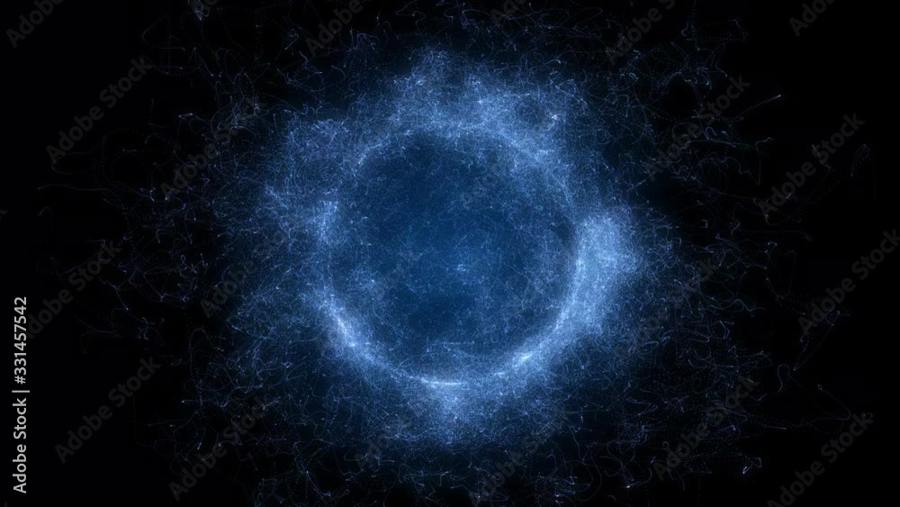Aufkleber Blue Plasma Sphere Particle Fractal Animation Graphic Background. Magic Scifi Glowing Planet Motion Science Technology.