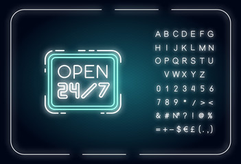 Open 24 7 hours neon light icon. Twenty four seven store. Hanging retail sign. 24 hrs shop. Outer glowing effect. Sign with alphabet, numbers and symbols. Vector isolated RGB color illustration